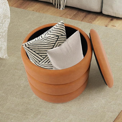 DAGONHIL Round Ottoman with Storage, PU Leather Footrest, Hidden Storage Ottoman Stool,Vanity Stool for Bedroom, Living Room, Entryway, Brown