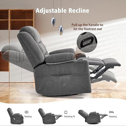 Swivel Rocker Recliner Chair for Adults with Massage and Heat, Cup Holders and Side Pockets, Glider Rocking Reclining Single Sofa Chair for Living Room (Dark Gray)
