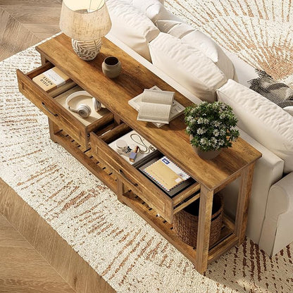 LITTLE TREE Modern Console Tables with 2 Drawers, Rustic 63 Inch Entryway Furniture, Behind Couch Table with Storage Shelf, for Living Room, Hallway, Entrance, Foyer, Rustic Brown