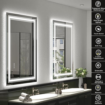 28x36 LED Lighted Mirror for Bathroom Wall, Dimmable Vanity Mirror with Lights, Backlit and Front lit, Dimmable, Anti-Fog, Shatter-Poof (Horizontal/Vertical)