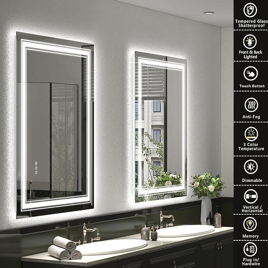 48x32 LED Mirror for Bathroom, Dimmable Vanity Mirror with Lights for Wall, Backlit and Front Lighted, Anti-Fog, Shatter-Poof, ETL Listed (Horizontal/Vertical)