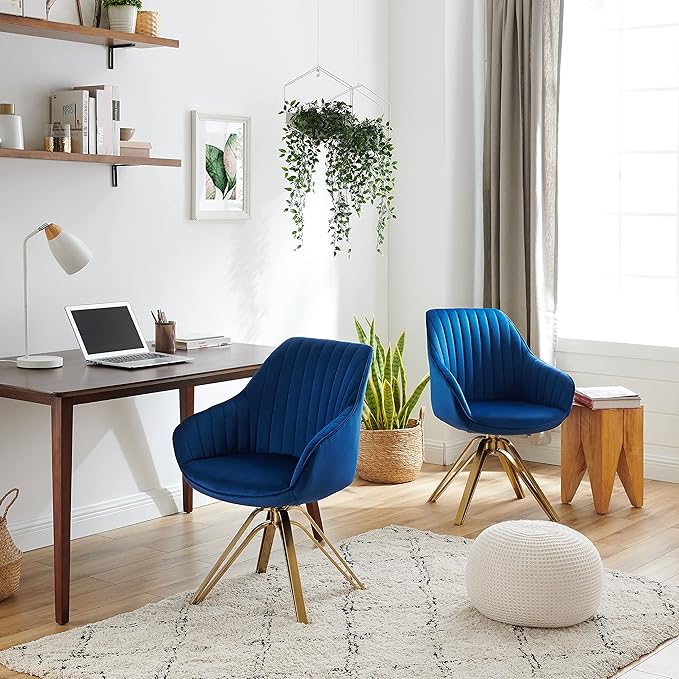 Zouron Mid Century Modern Swivel Accent Chair with Gold Metal Legs, Upholstered Swivel Chair No Wheels, Side Accent Arm Chair Vanity Chair for Small Space Home Office Living Room Bedroom, Dark Blue