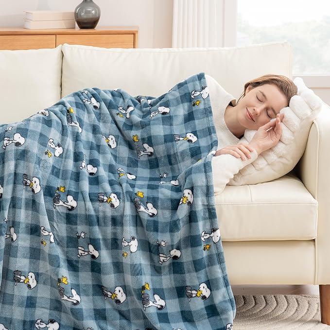 Berkshire Blanket Peanuts® VelvetLoft® Cute Character Snoopy Plush Throw Blanket,Peanuts Snoopy Everyday Buffalo Plaid Navy Tonal,Throw 55 in x 70 in (Official Peanuts® Product)