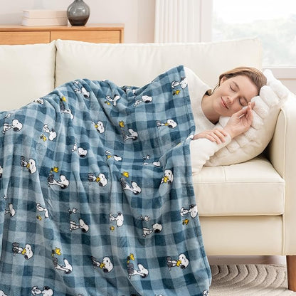 Berkshire Blanket Peanuts® VelvetLoft® Cute Character Snoopy Plush Throw Blanket,Peanuts Snoopy Everyday Buffalo Plaid Navy Tonal,Throw 55 in x 70 in (Official Peanuts® Product)