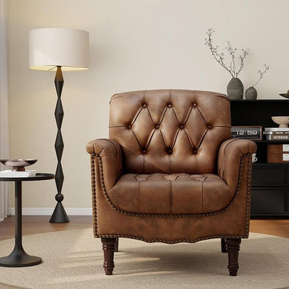 UIXE Brown Accent Chair for Living Room, Faux Leather Tufted Arm Chair Retro Upholstered Club Armchair for Bedroom