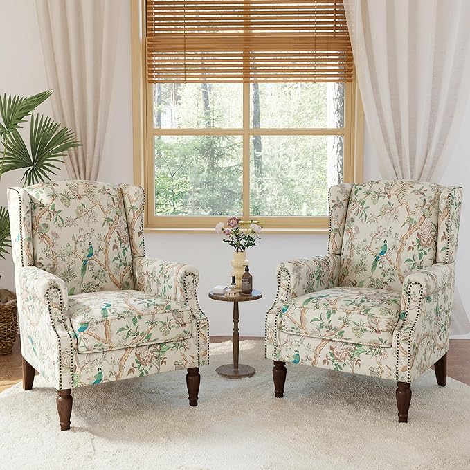 Lumibee High Back Accent Chair Set of 2, Armchair in Fabric,Comfy Upholstered Wingback Single Sofa Reading Chairs with Solid Wood Legs for Living Room,Bedroom,Office-Bird