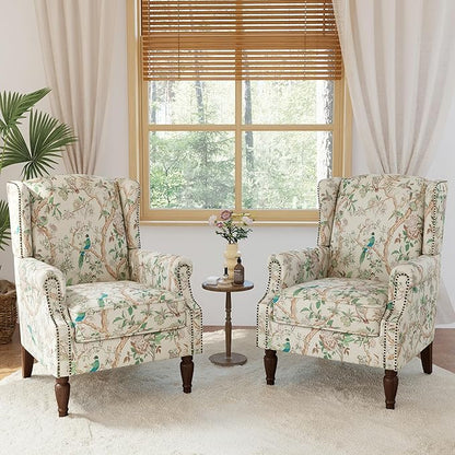 Lumibee High Back Accent Chair Set of 2, Armchair in Fabric,Comfy Upholstered Wingback Single Sofa Reading Chairs with Solid Wood Legs for Living Room,Bedroom,Office-Bird