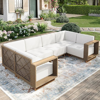 Outdoor Patio Furniture Set, 6 Piece Patio Couch Rattan Wicker Sofa, Sectional Modular Outdoor Conversation Set with 10" Extra Thick Cushions for Deck Backyard Lawn