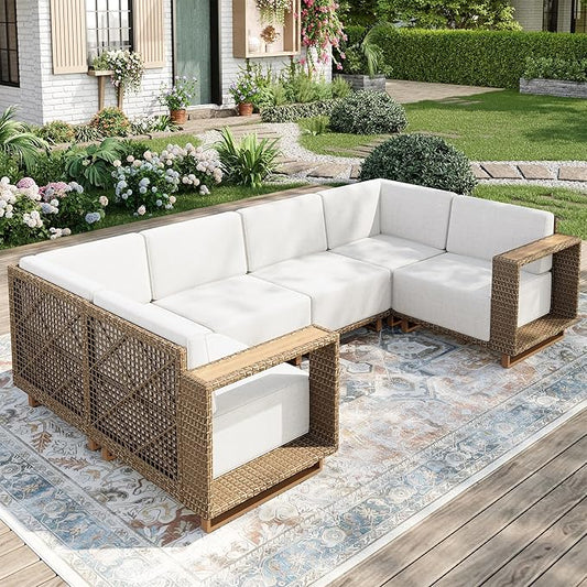 Outdoor Patio Furniture Set, 6 Piece Patio Couch Rattan Wicker Sofa, Sectional Modular Outdoor Conversation Set with 10" Extra Thick Cushions for Deck Backyard Lawn