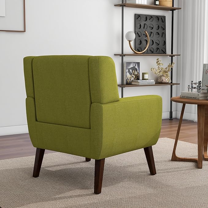 Accent Chair, Mid-Century Modern Fabric Chairs with Arms for Living Room, Comfy Upholstered Club Single Sofa Armchair for Bedroom Waiting Room with Solid Wood Frame (Fabric Green, Set of 2)