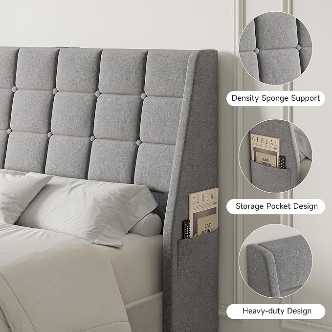 Full Size Headboard with Charging Station, Ergonomic Upholstered Linen Headboards Only, Wingback Wood Bed Head Board with Storage Pocket, Bed Frame Adapters, Light Grey