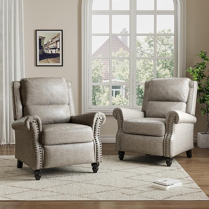 Pushback Recliner Chair, Faux Leather Wingback Recliner Chair, Upholstered Armchair Push Back Recliner with Wood Legs, Rivet Trim Single Sofa Accent Chair for Living Room, Bedroom, Gray
