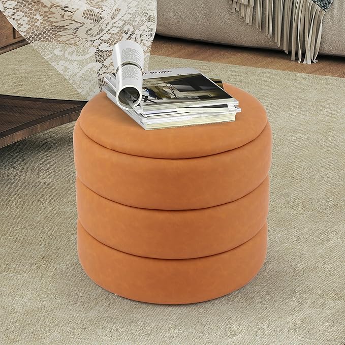 DAGONHIL Round Ottoman with Storage, PU Leather Footrest, Hidden Storage Ottoman Stool,Vanity Stool for Bedroom, Living Room, Entryway, Brown