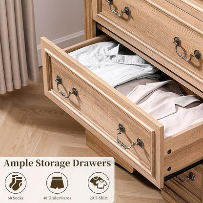 Dresser for Bedroom with 6 Drawers, 48" Tall Natural Dresser for Storage and Organization, Farmhouse Chest of Drawers for Living Room, Closet, Hallway