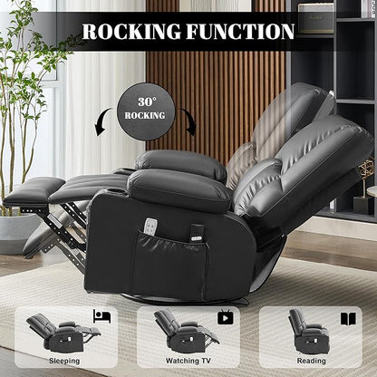 Swivel Rocker Chair with Heat and Massage, 270° Power Recliner Chairs for Adults, USB and Type-C Ports, Oversized Recliner Single Sofa, Electric Glider Chair(Black)