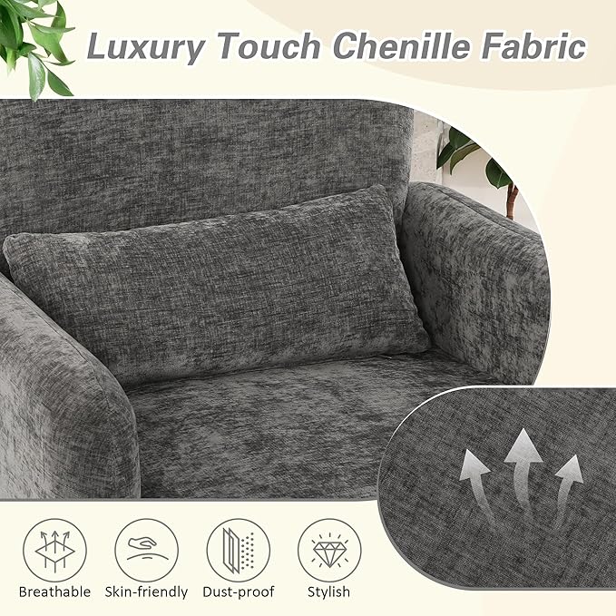 LSSPAID Modern Accent Chairs, Chenille Fabric Armchairs for Living Room, Comfy Upholstered Leisure Single Sofa Chair with Lumbar Pillow for Bedroom, Balcony, Office (Charcoal, Set of 1)