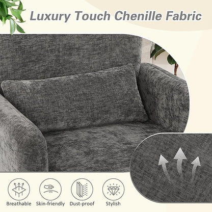 LSSPAID Modern Accent Chairs, Chenille Fabric Armchairs for Living Room, Comfy Upholstered Leisure Single Sofa Chair with Lumbar Pillow for Bedroom, Balcony, Office (Charcoal, Set of 2)