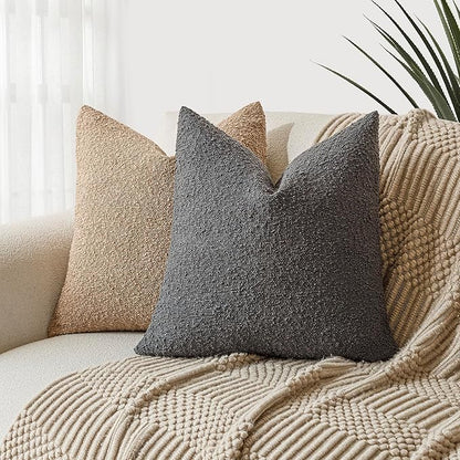 Foindtower Set of 2, Decorative Textured Boucle Throw Pillow Covers Accent Solid Pillow Cases Neutral Soft Cozy Couch Cushion Case for Chair Sofa Bedroom Living Room Home Decor 16 x 16 Inch Dark Grey