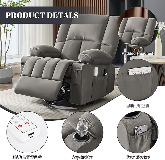 Oversized Recliner Chairs for Adults, 270° Swivel Rocking Recliner with Heat and Massage Lazy Boy Recliner,Recliner Chairs Single Sofa Seat with Cup Holders(Grey, Electric)