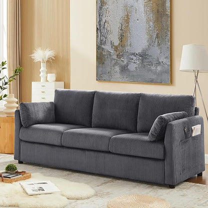 Living Room Sofa Set, Corduroy 3-Seat Couch with Set of 2 Accent Side Chairs, Soft Pillows and Side Pockets, Modern Living Room Furniture Sets for Apartment, Small Spaces, Grey