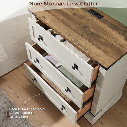 T4TREAM Farmhouse 3 Drawers Dresser for Bedroom, Rustic Wood Wide Dresser TV Stand for Living Room, Hallway, Antique White