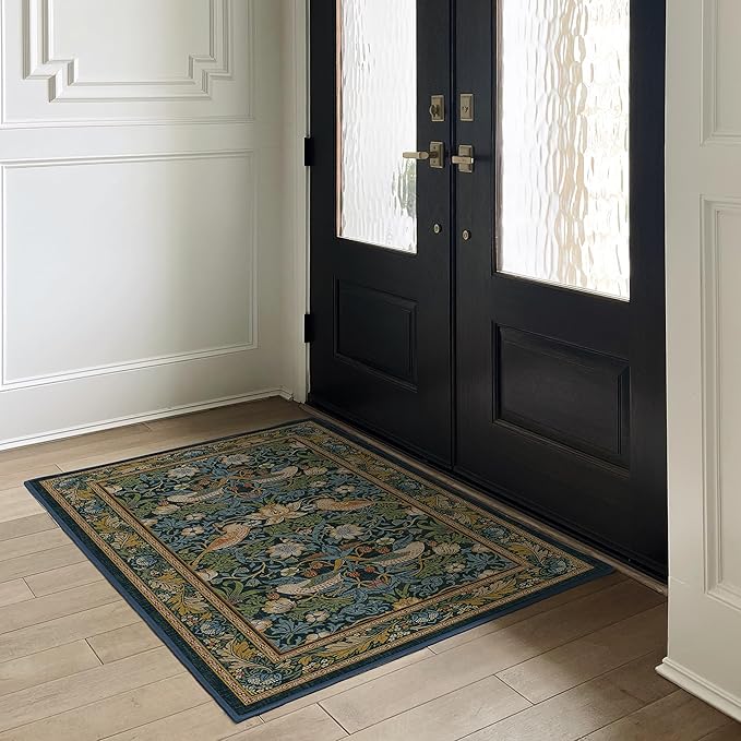 RUGGABLE x Morris & Co Washable Area Rug – Strawberry Thief Indigo 4x6, Stain-Resistant, Non-Slip – Medium Machine Washable Rugs for Living Room, Bedroom, Hallway, Entryway & Office–with Standard Pad