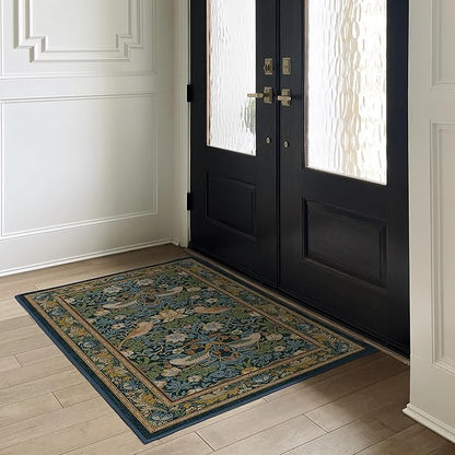 RUGGABLE x Morris & Co Washable Area Rug – Strawberry Thief Indigo 4x6, Stain-Resistant, Non-Slip – Medium Machine Washable Rugs for Living Room, Bedroom, Hallway, Entryway & Office–with Standard Pad