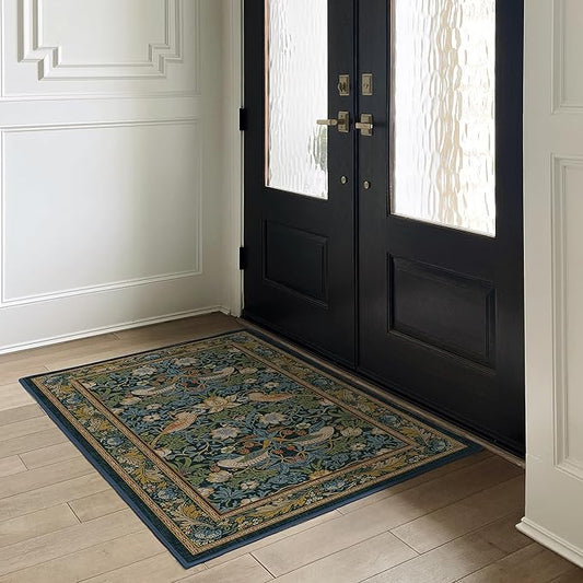 RUGGABLE x Morris & Co Washable Area Rug – Strawberry Thief Indigo 3x5, Stain-Resistant, Non-Slip – Small Machine Washable Rugs for Living Room, Bedroom, Hallway, Entryway & Office–with Standard Pad