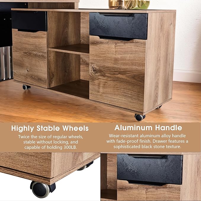 70.87 Inch L Shaped Executive Office Desk with 2 Drawers, Modern Home Office Desk with File Cabinet, Business Furniture w/Stand Under Desk Storage Organizer with 4 Wheels