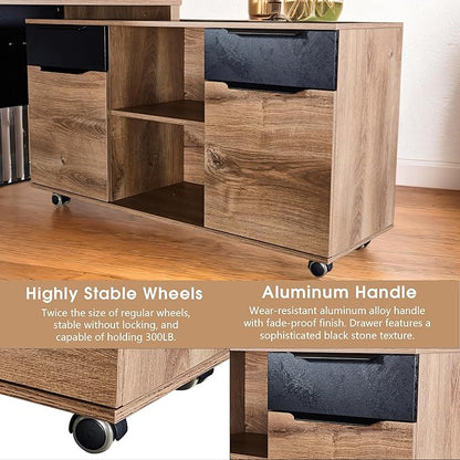 70.87 Inch L Shaped Executive Office Desk with 2 Drawers, Modern Home Office with File Cabinet, Business Furniture W/Stand Under Storage Organizer with 4 Wheels