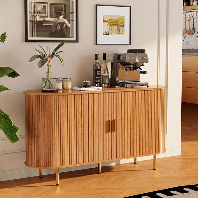 DHH Storage Cabinet, Fluted Sideboard Buffet Cabinet with Tambour Sliding Doors& Adjustable Shelf, Accent Coffee Bar Console Table for Kitchen, Living Room, Entryway (Yellow Walnut 55 Inch)