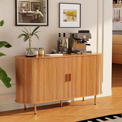 DHH Storage Cabinet, Fluted Sideboard Buffet Cabinet with Tambour Sliding Doors& Adjustable Shelf, Accent Coffee Bar Console Table for Kitchen, Living Room, Entryway (Yellow Walnut 55 Inch)