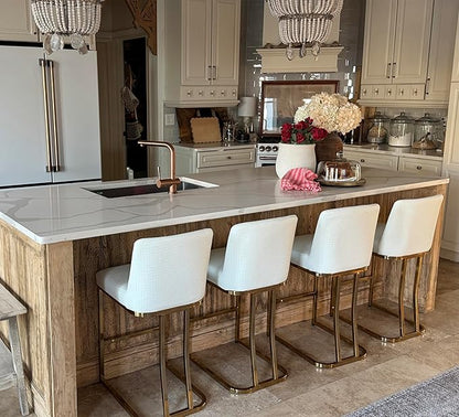 MAISON ARTS Off White & Gold Counter Height Bar Stools with Back Set of 4 for Kitchen Counter 24 Inch Modern Upholstered Faux Leather Barstools Farmhouse Bar Chairs Luxury Island Stools Support 330LBS