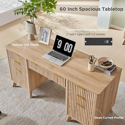 T4TREAM Fluted Executive Desk with Drawers, 60" Modern Home Office Computer Desk with Charging Station, File Cabinet, Keyboard Tray and Storage Cabinet for Study, Living Room, Bedroom, Natural Oak