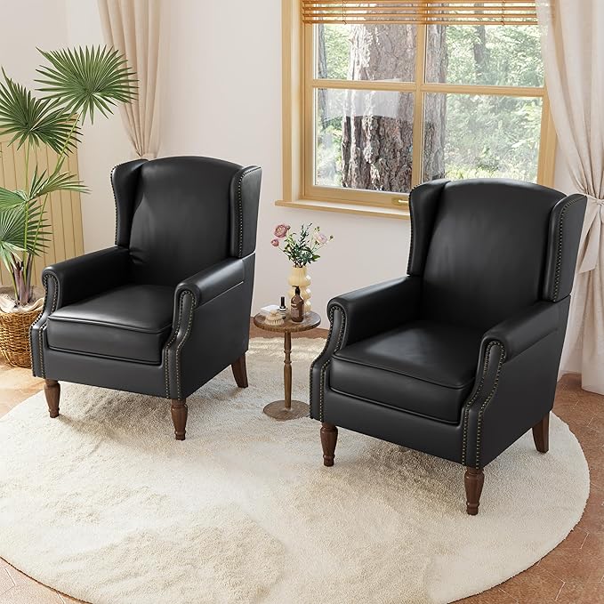 Lumibee Accent Chairs, Faux Leather High Back Armchair Set of 2 or Living Room, Comfy Upholstered Single Sofa Reading Chairs with Solid Wood Legs for Office, Bedroom, Waiting Room-Black