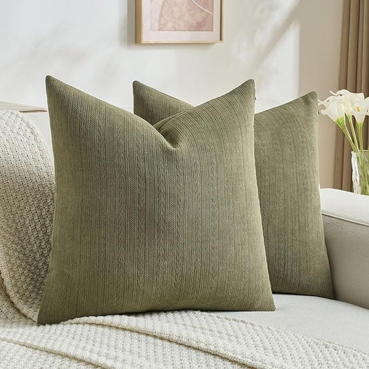 FUTEI Olive Green Decorative Throw Pillow Covers 18x18 Inch Set of 2,Soft Cozy Wheat Ear Striped Patterns Cushion Cases,Modern Home Decor for Couch Bed Living Room