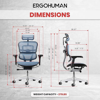 Ergohuman Eurotech ME7ERG GEN2 High Back Mesh Office Chair with Tilt Tension Control, Tilt Lock, Back Angle, Back Height, Synchro Tilt, Seat Height, Seat Depth, and Arm Height Adjustments, Blue