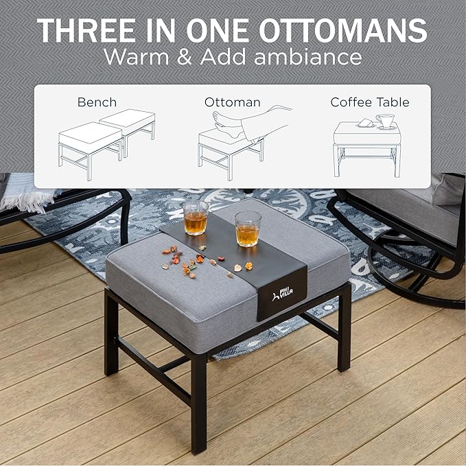 PHI VILLA 8 PCS Patio Furniture Set with Fire Pit Table,Metal Outdoor Furniture with 1 x 3-Seat Bench Sofa, 2 x Swivel Sofa Chairs, 2 x Leg Chair & 2 x Ottoman, Modern Patio Set, Grey