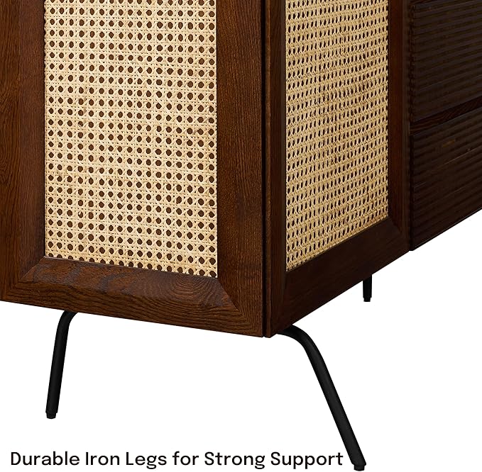NTC MOSSIC Large Sideboard with 2 Doors and 3 Drawers, Buffet Cabinet with Natural Rattan and Metal Legs, Modern Storage Cabinet for Living Room, and Hallway, Effortless Assembly - Dark Walnut