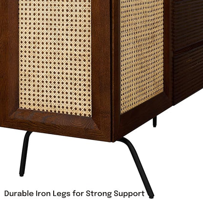 NTC MOSSIC Large Sideboard with 2 Doors and 3 Drawers, Buffet Cabinet with Natural Rattan and Metal Legs, Modern Storage Cabinet for Living Room, and Hallway, Effortless Assembly - Dark Walnut