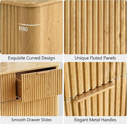win2win 9 Drawer Dresser, Mid Century Modern Dresser with Storage, 55" Wide Fluted Chest of Drawers with Faux Marble Top, Dressers TV Stand, Drawers Organizer for Bedroom, Living Room, Hallway Oak