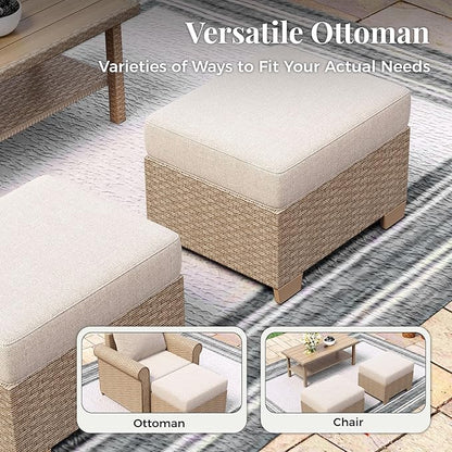 Patio Furniture Set 8 pcs, Wicker Outdoor Patio Furniture, 3-Seat Sofa, 4 Single Chairs, 2 Ottomans and 56" Gas Fire Pit Table, Rattan Patio Conversation Set for Backyard Deck, Beige