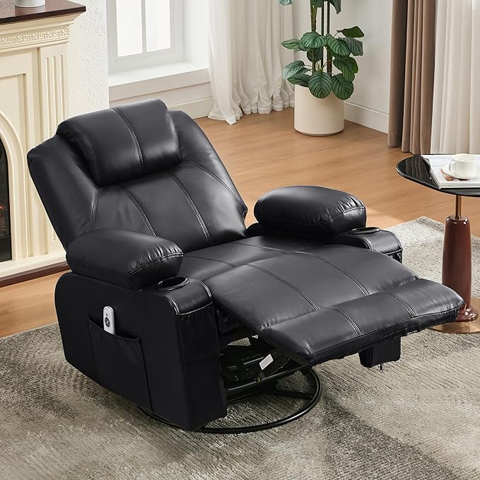 Oversized Swivel Rocker Recliner Sofa Chair with Heat and Massage, 360 Degree Swivel Single Sofa with Cup Holders and USB Port, Big Recliner Sofa Chair for Living Room(Leather, Smoky Black)