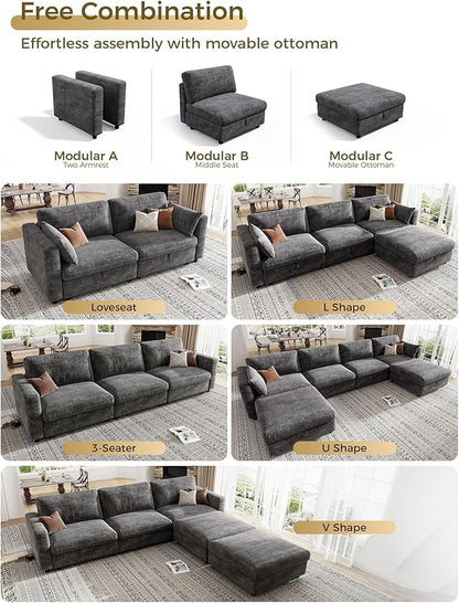 KKL Modular Sectional Oversize Sofa with Adjustable Backrest, 113" L Shaped Couches for Living Room, Down Filled Sectional Sofa Couch with Storage Ottoman Chenille, Grey