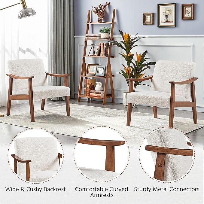 Yaheetech Fabric Accent Chair, Mid-Century Modern Armchair with Solid Wood Legs, Reading Leisure Chair with High Back for Living Room Bedroom Waiting Room, Set of 2, Ivory
