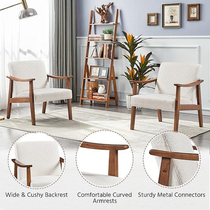 Yaheetech Fabric Accent Chair, Mid-Century Modern Armchair with Solid Wood Legs, Reading Leisure Chair with High Back for Living Room Bedroom Waiting Room, Set of 2, Ivory