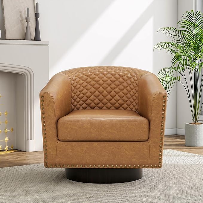 Pia Ricco Faux Leather Swivel Barrel Accent Chairs, 360° Swivel Round Single Sofa Chair, Comfy Upholstered Club Armchair with Nailhead Trim for Living Room/Reading Room/Bedroom, Coffee