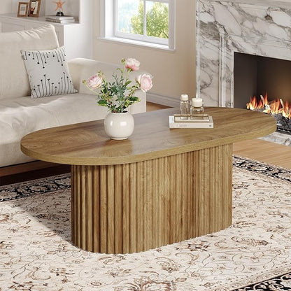 Tribesigns Oval Coffee Table, 47.2" Farmhouse Wooden Center Table with Fluted Design, for Living Room, Office, Apartment, Rustic Brown