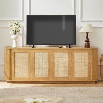 LKTART 64" Sideboard Buffet Cabinet with Storage, Wooden Fluted Storage Cabinet Sideboard with Adjustable Shelves Pressed Spring Rattan Doors for Kitchen Living Room (Natural)