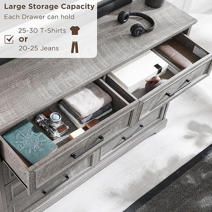 ACCOHOHO Farmhouse 8 Drawers Dresser Chests for Bedroom,52" Wide Wood Rustic Chest of Drawers with Metal Handle,Natural Texture,Drawer Organizer for Bedroom,Living Room,Hallway and Entryway,Grey